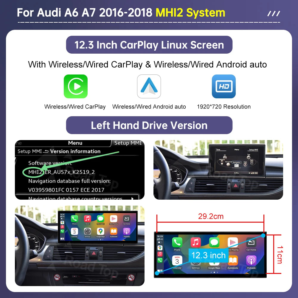 Road Top Linux Display For Audi A6 A7 Wireless CarPlay Android Auto