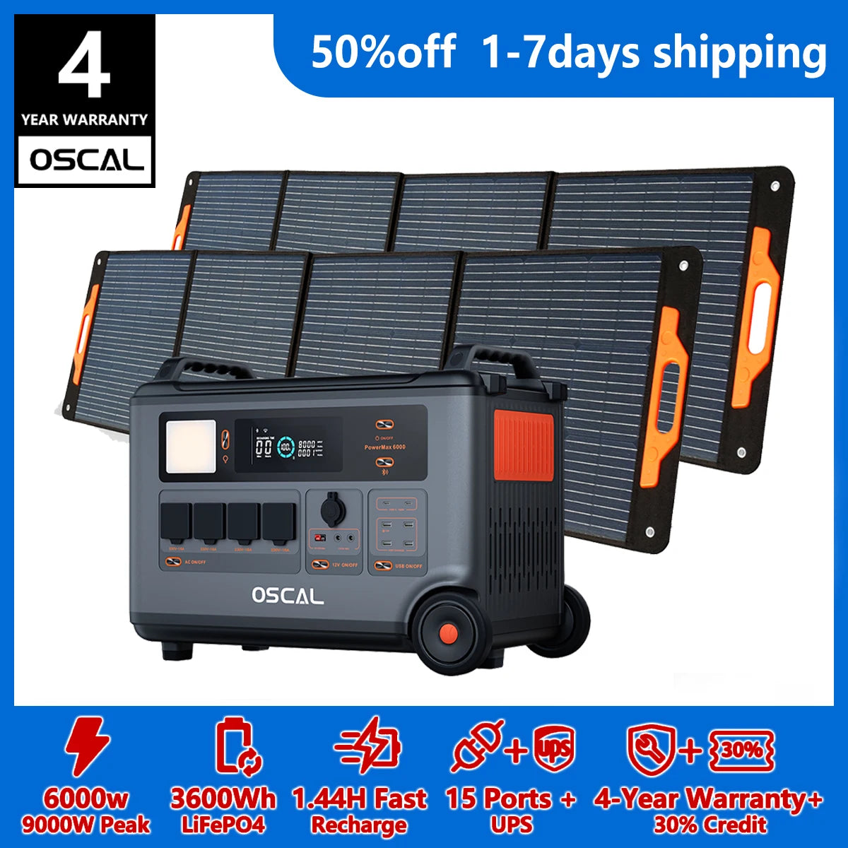 OSCAL PowerMax Solar Generator With LiFePO4 Battery Home Backup
